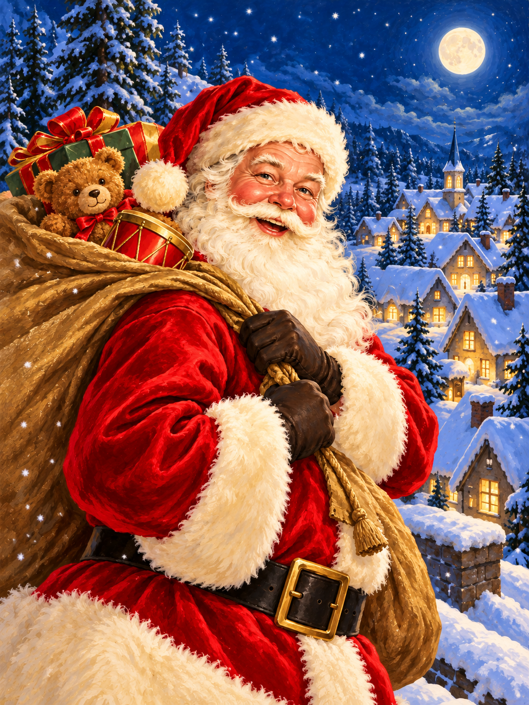 Diamond Painting Nostalgischer Weihnachtsmann mit Spielzeugsack vor einem verschneiten Dorf im Mondschein