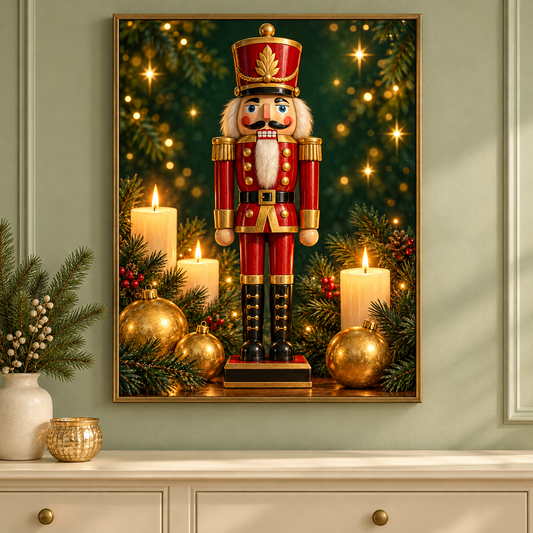 Diamond Painting Nussknacker in Rot und Gold gerahmt als Wandbild im weihnachtlichen Wohnzimmer
