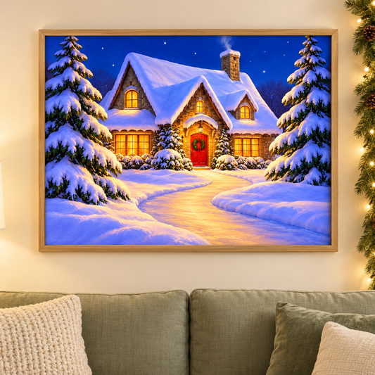 Diamond Painting Verschneites Weihnachtshaus gerahmt als Wandbild im weihnachtlichen Wohnzimmer