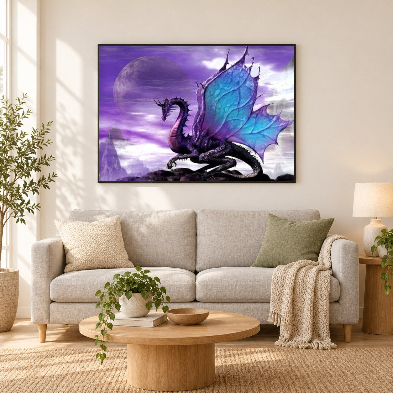 Drachen als gerahmtes Diamond Painting im Wohnzimmer