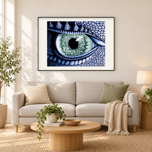 Drachenauge als gerahmtes Diamond Painting im Wohnzimmer