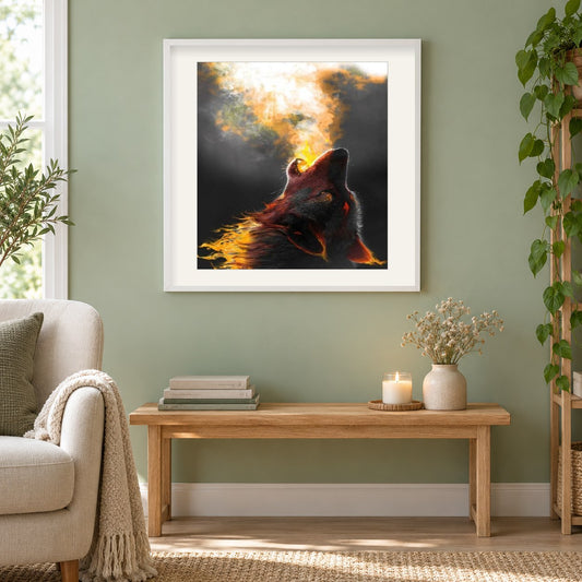Drachenwolf bläst Feuer als gerahmtes Diamond Painting im Wohnzimmer