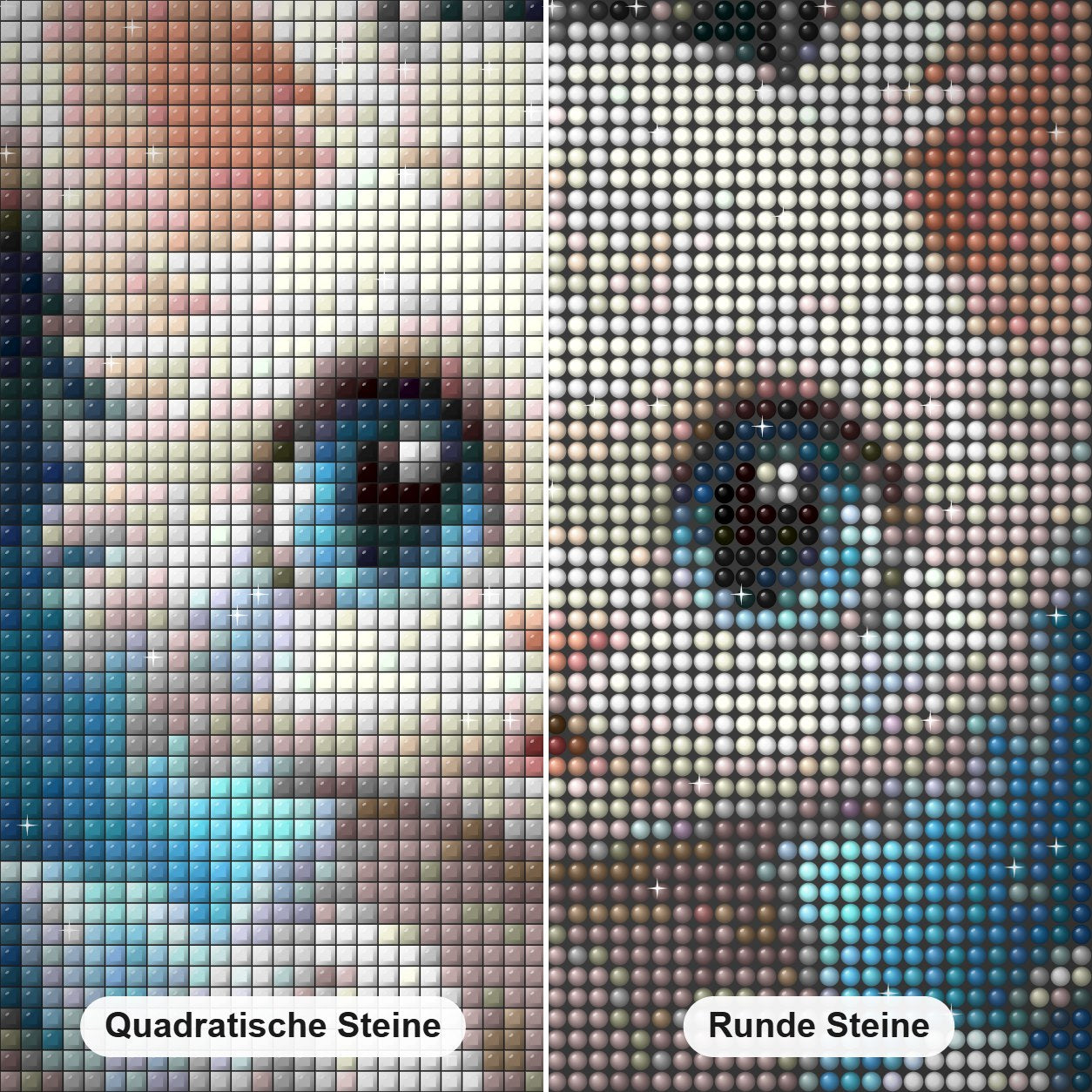 Verträumte Augen der weißen Katze Diamond Painting Nahaufnahme mit quadratischen und runden Steinen