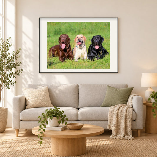Drei Labrador Retriever als gerahmtes Diamond Painting im Wohnzimmer