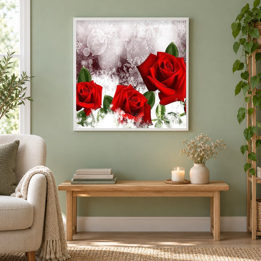 Drei rote Rosen als gerahmtes Diamond Painting im Wohnzimmer