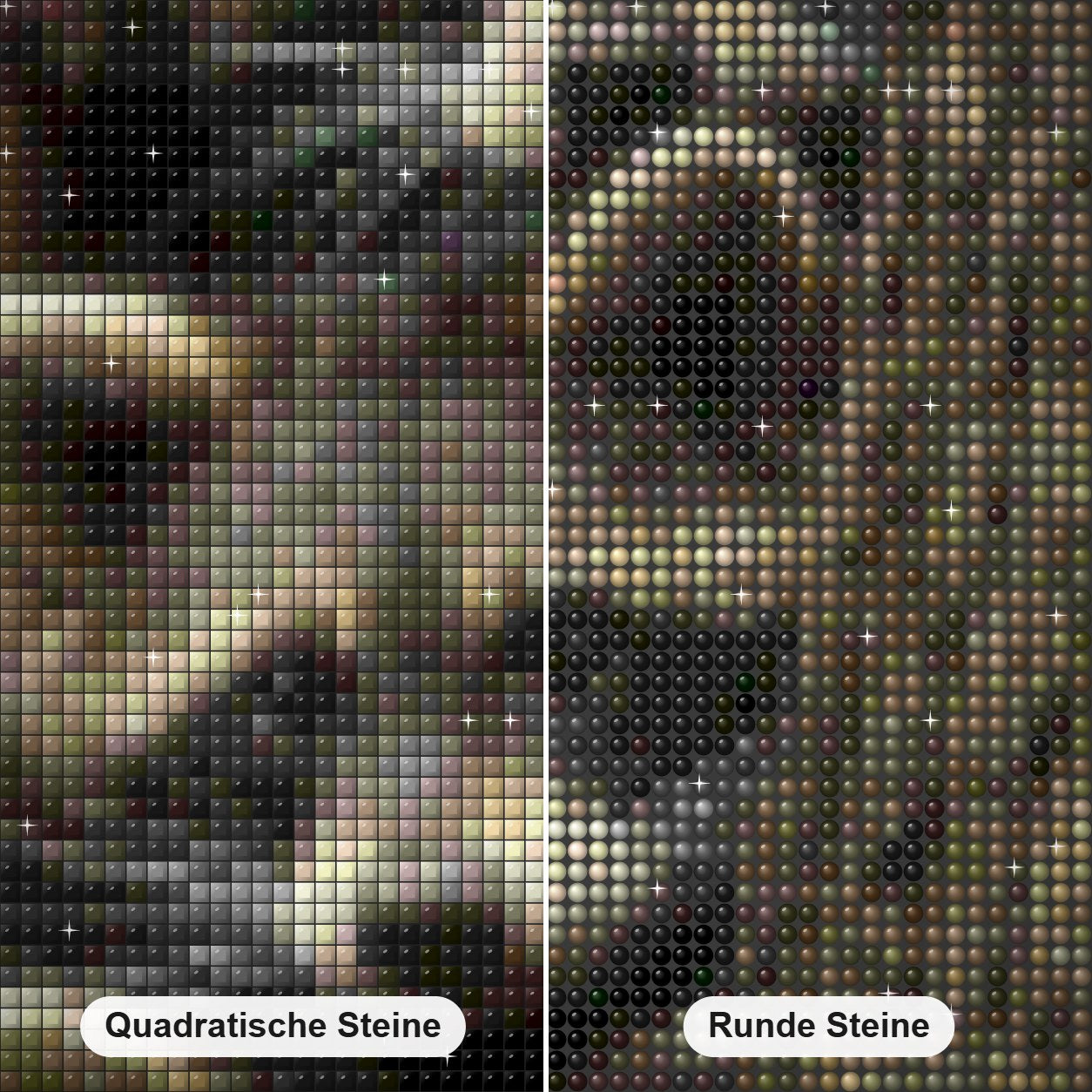 Drei Waschbären, die sich im Baum verstecken Diamond Painting Nahaufnahme mit quadratischen und runden Steinen