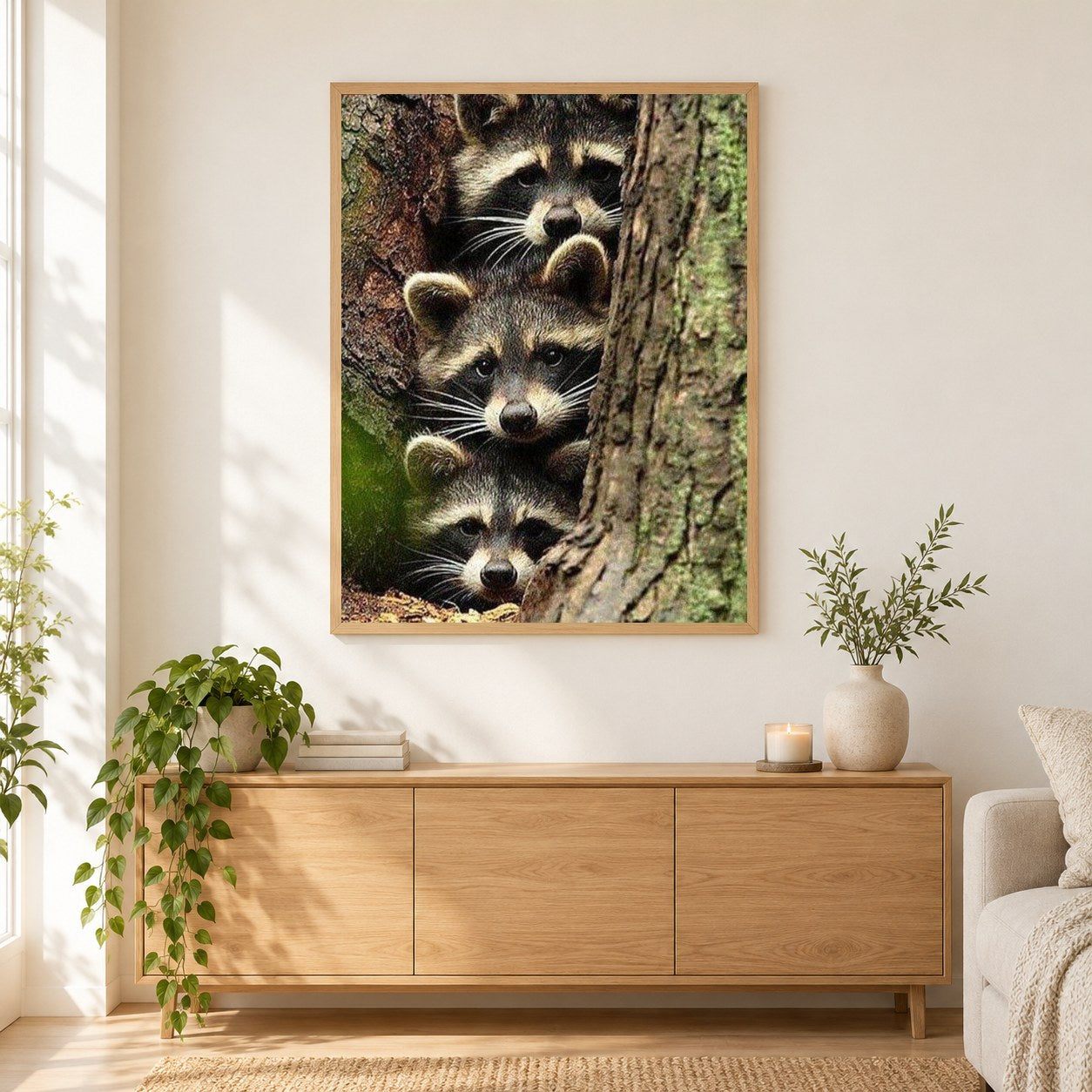 Drei Waschbären, die sich im Baum verstecken als gerahmtes Diamond Painting im Wohnzimmer