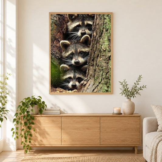 Drei Waschbären, die sich im Baum verstecken als gerahmtes Diamond Painting im Wohnzimmer