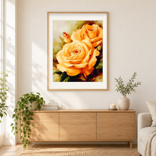Dunkelgelbe Rosen als gerahmtes Diamond Painting im Wohnzimmer