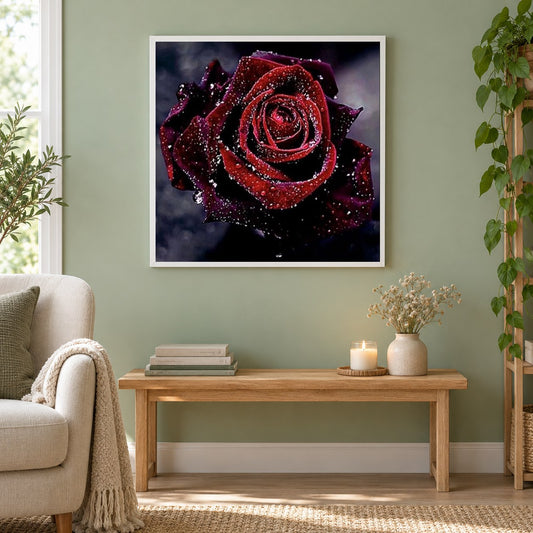 Dunkelrote Rose mit Wassertropfen als gerahmtes Diamond Painting im Wohnzimmer