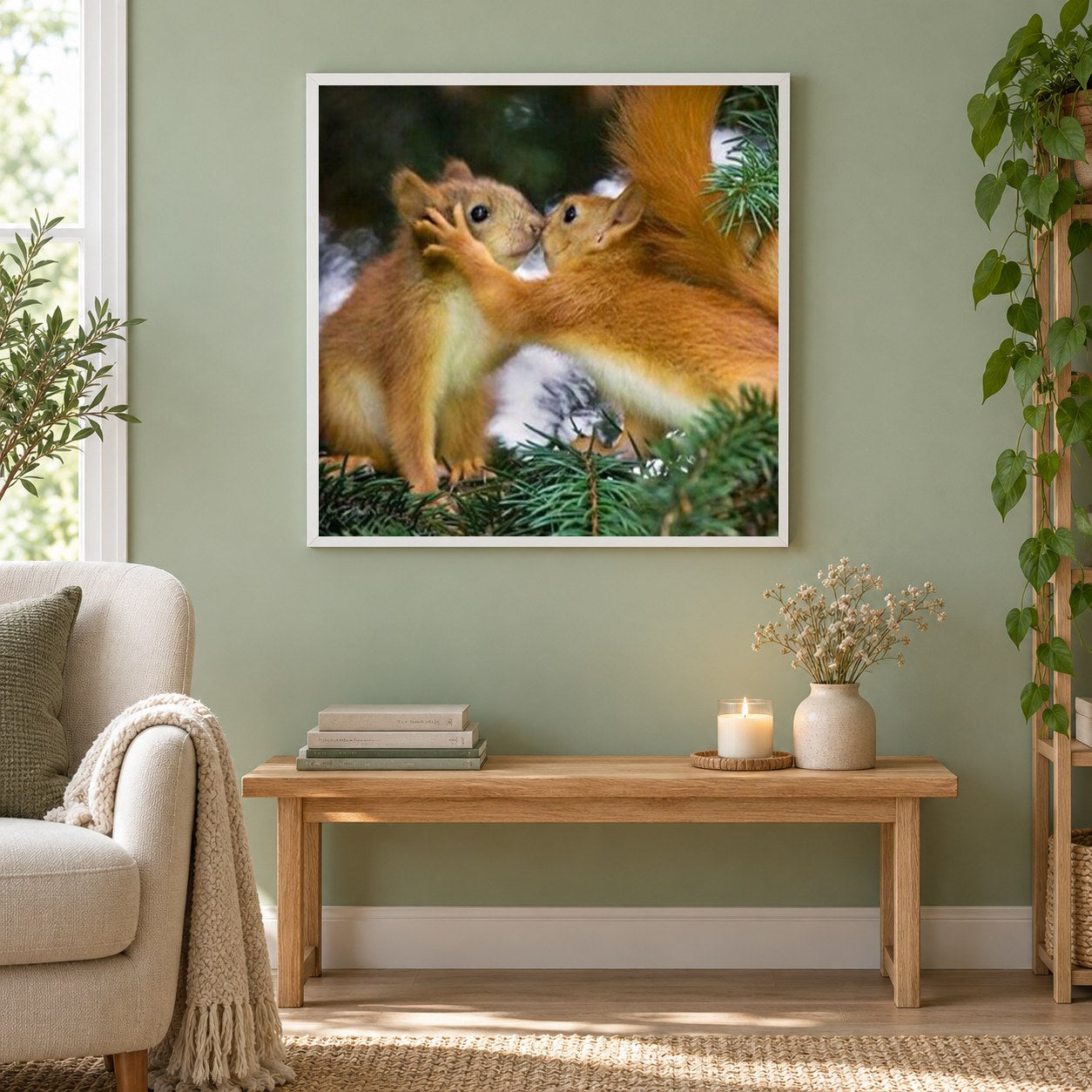 Eichhörnchen verliebt als gerahmtes Diamond Painting im Wohnzimmer