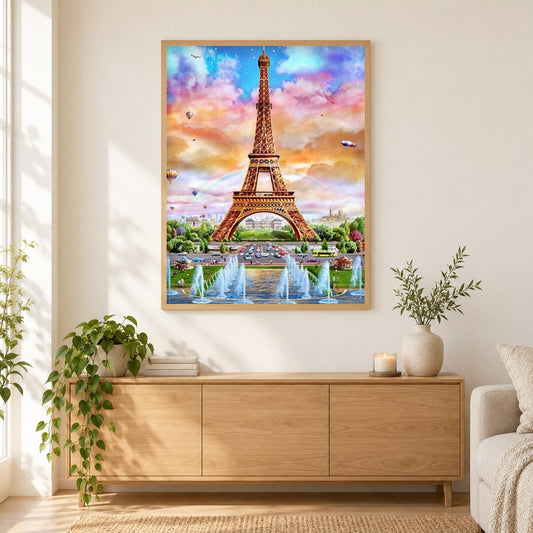 Eiffelturm & Wasserfontänen als gerahmtes Diamond Painting im Wohnzimmer