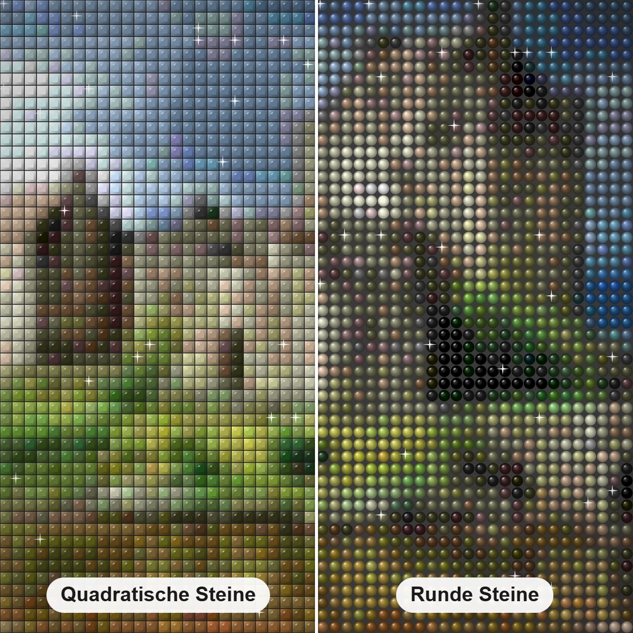 Eilean Donan Schloss Diamond Painting Nahaufnahme mit quadratischen und runden Steinen