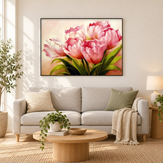 Ein Bündel rosa Tulpen als gerahmtes Diamond Painting im Wohnzimmer