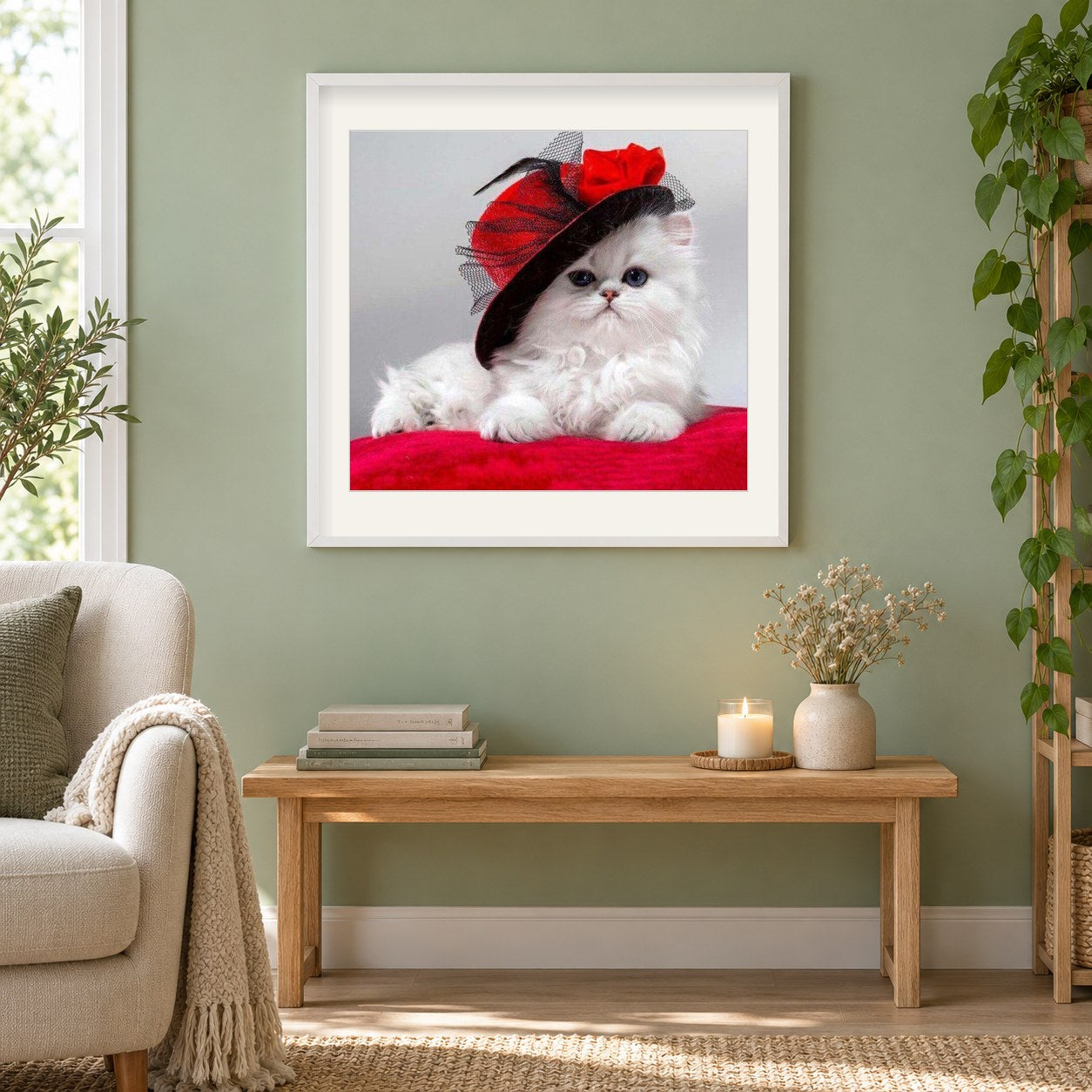 Eine noble Katzenmalerei als gerahmtes Diamond Painting im Wohnzimmer