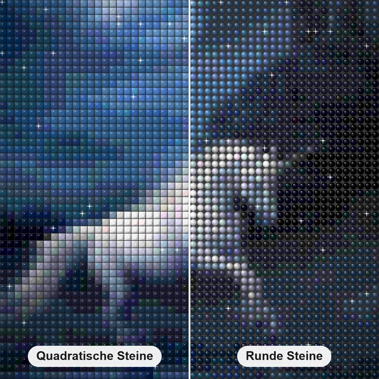 Einhorn & Vollmondnacht Diamond Painting Nahaufnahme mit quadratischen und runden Steinen