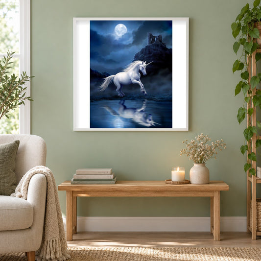 Einhorn & Vollmondnacht als gerahmtes Diamond Painting im Wohnzimmer