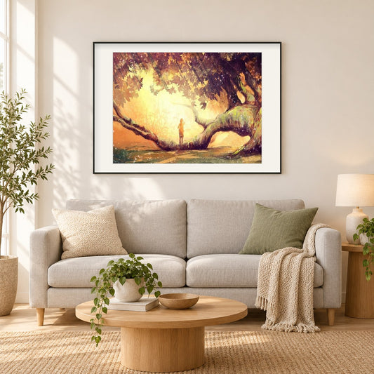 Einsames Mädchen unter dem Baum als gerahmtes Diamond Painting im Wohnzimmer