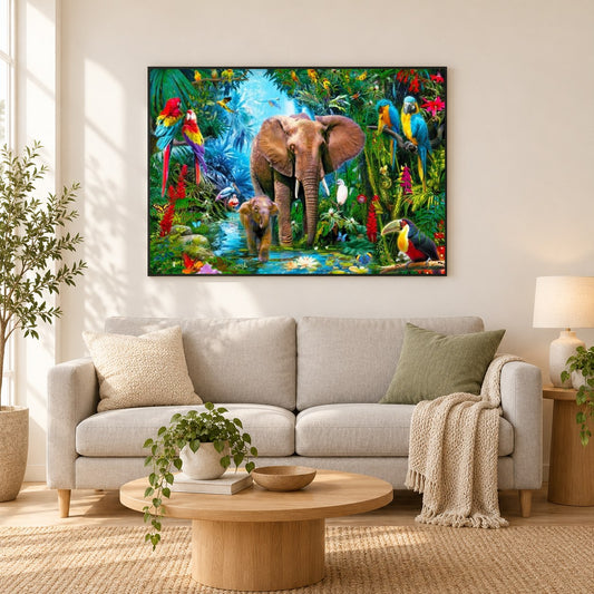 Elefanten & Papageien als gerahmtes Diamond Painting im Wohnzimmer