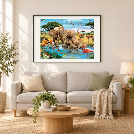 Elefantenbabys spielen am Wasserteich als gerahmtes Diamond Painting im Wohnzimmer