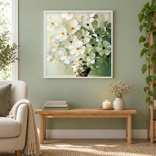 Elegante weiße Blumen in der Vase als gerahmtes Diamond Painting im Wohnzimmer