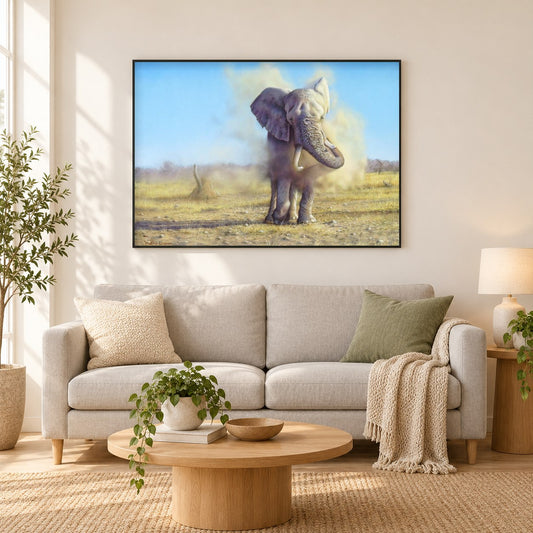 Elefantenstaub - Kunst des Eric Wilson als gerahmtes Diamond Painting im Wohnzimmer