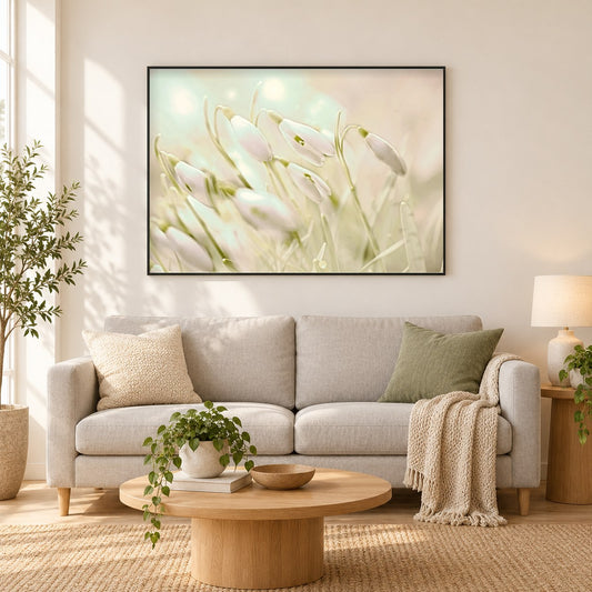 Bezaubernde Sanowdrops - Kunst des Denise Dundon als gerahmtes Diamond Painting im Wohnzimmer
