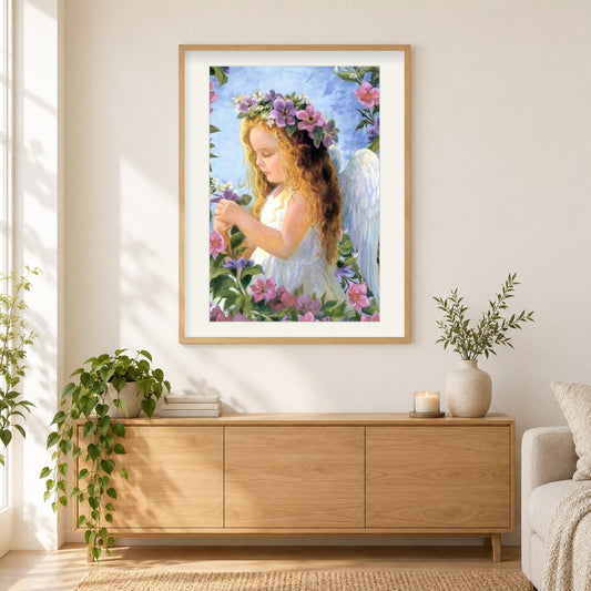 Engel Mädchen mit Blumen Krone als gerahmtes Diamond Painting im Wohnzimmer