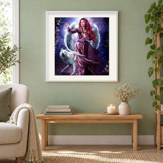 Engel Mädchen & weißer Wolf als gerahmtes Diamond Painting im Wohnzimmer