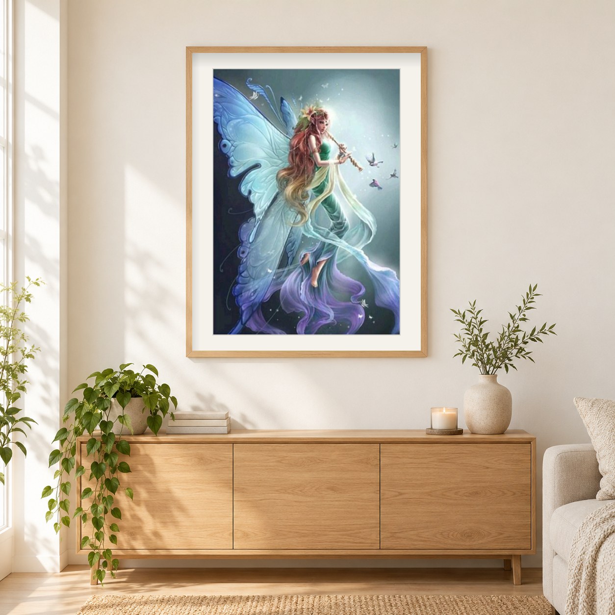 Engelsmädchen spielt Flöte als gerahmtes Diamond Painting im Wohnzimmer