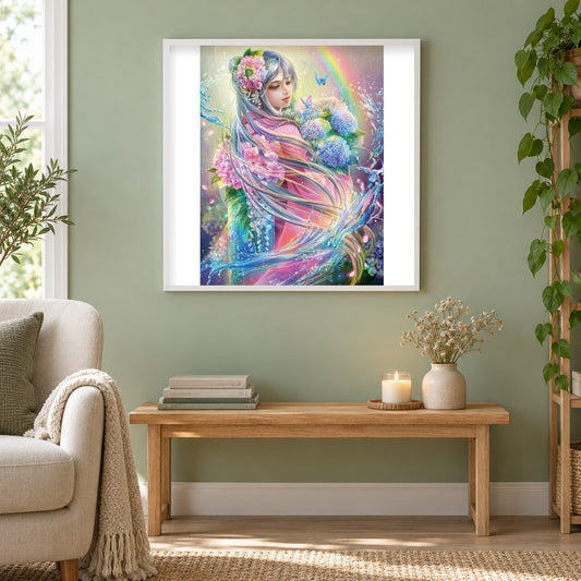 Engelsschönheit als gerahmtes Diamond Painting im Wohnzimmer