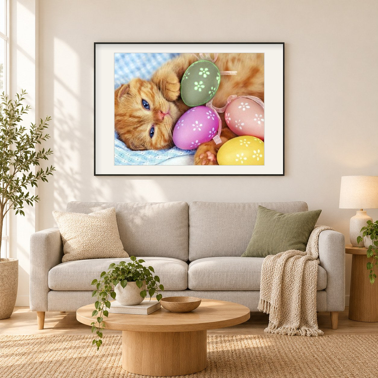 Entzückende Katze mit Ostereiern als gerahmtes Diamond Painting im Wohnzimmer