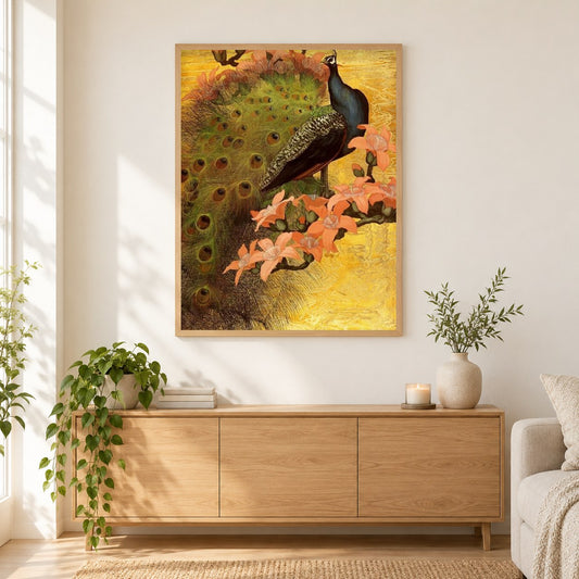 Entzückender Pfau als gerahmtes Diamond Painting im Wohnzimmer