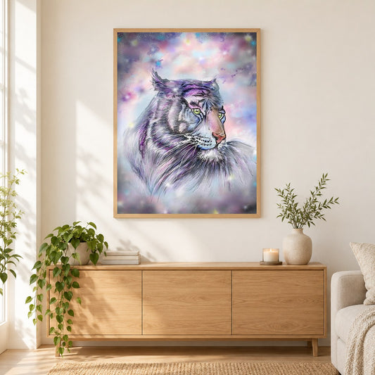 Entzückender Tiger als gerahmtes Diamond Painting im Wohnzimmer