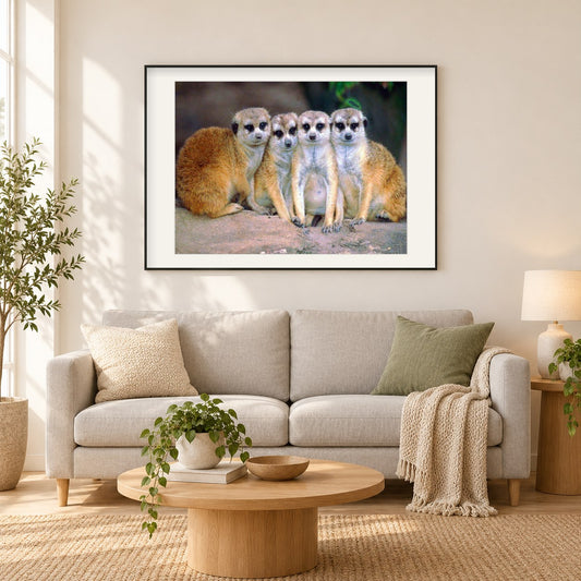 Erdmännchen in der Gruppe als gerahmtes Diamond Painting im Wohnzimmer