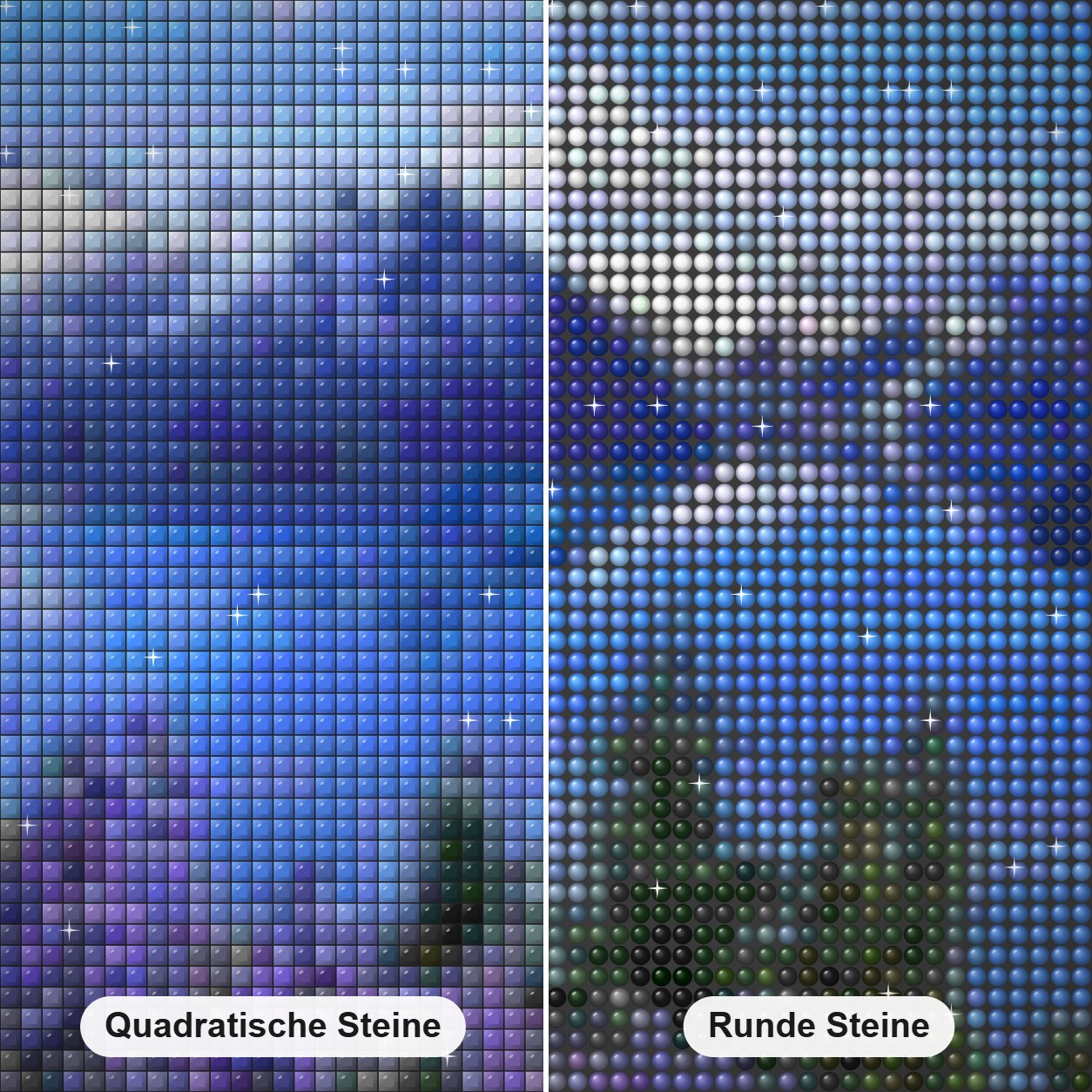 Erstaunliche Aussicht auf die Berge und blaue Blumen Diamond Painting Nahaufnahme mit quadratischen und runden Steinen