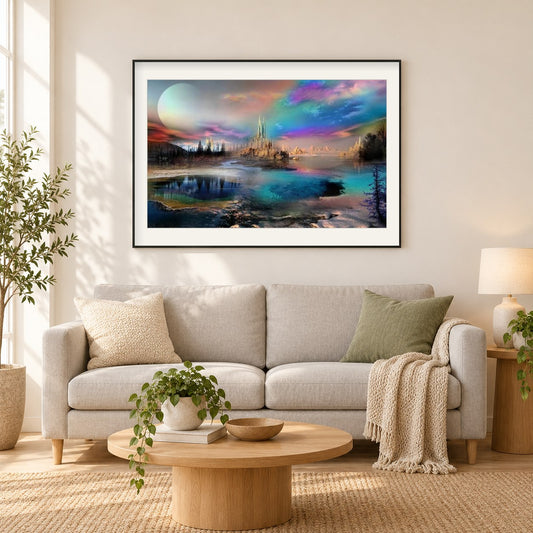 Erstaunliche Landschaft mit buntem Himmel als gerahmtes Diamond Painting im Wohnzimmer