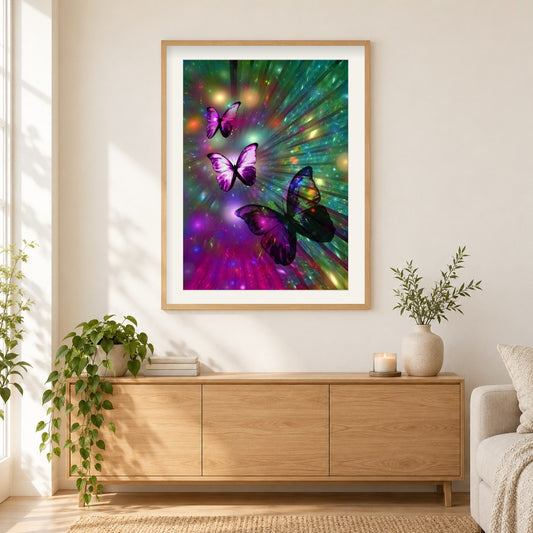 Erstaunliche Schmetterlinge als gerahmtes Diamond Painting im Wohnzimmer