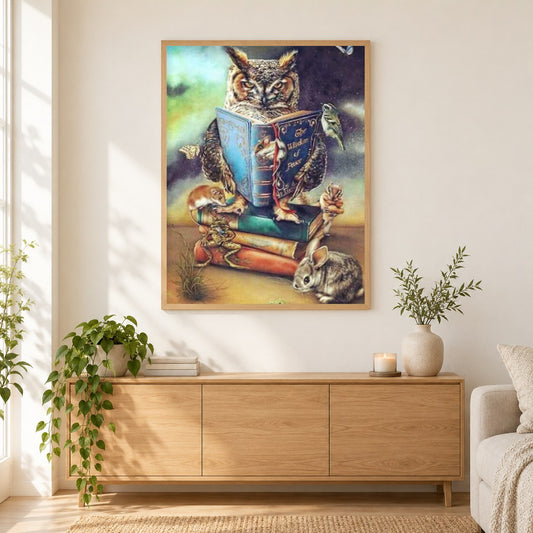 Eule lieste Buch als gerahmtes Diamond Painting im Wohnzimmer