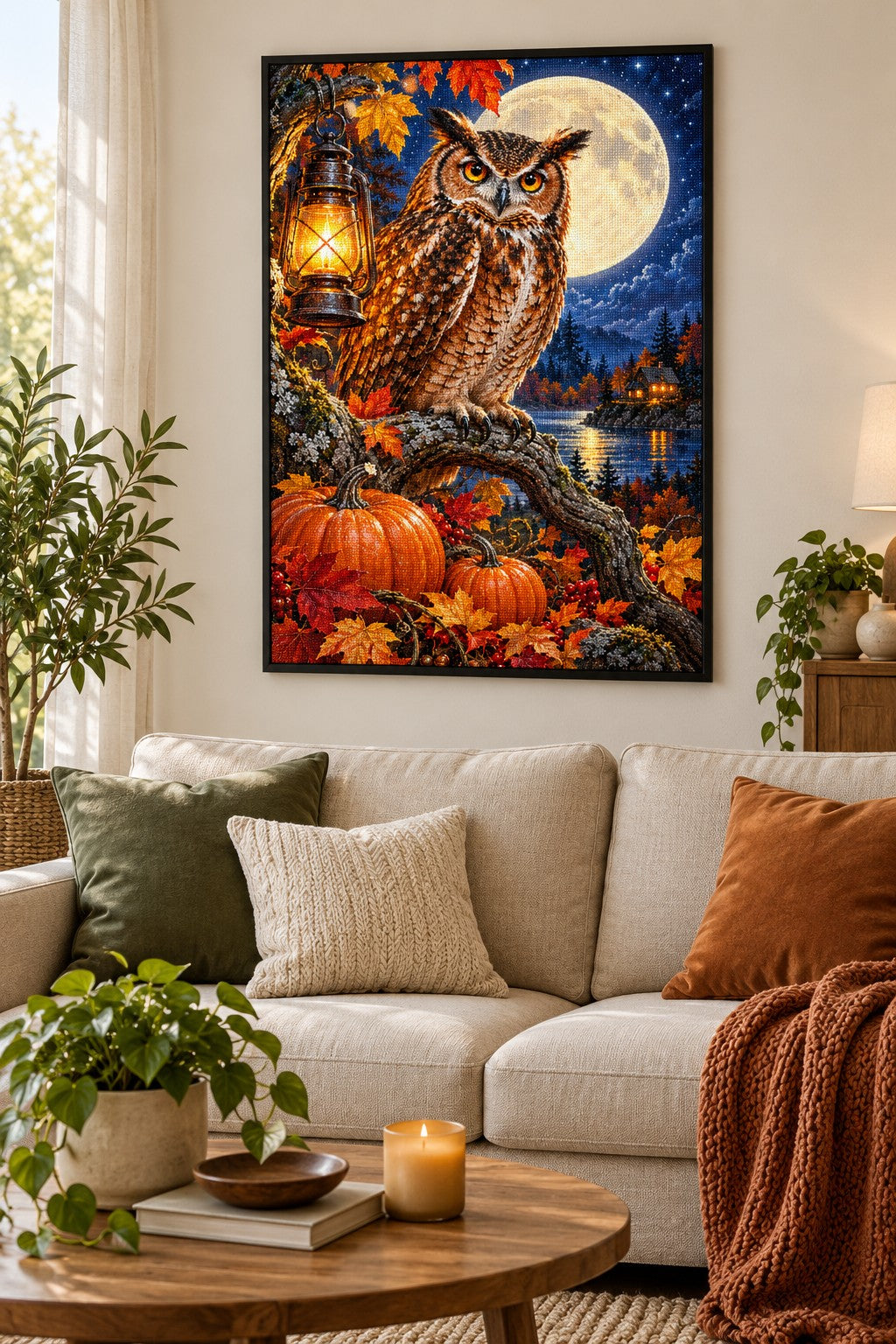 Eule mit Laterne und Kürbissen Diamond Painting als gerahmtes Diamond Painting im Wohnzimmer