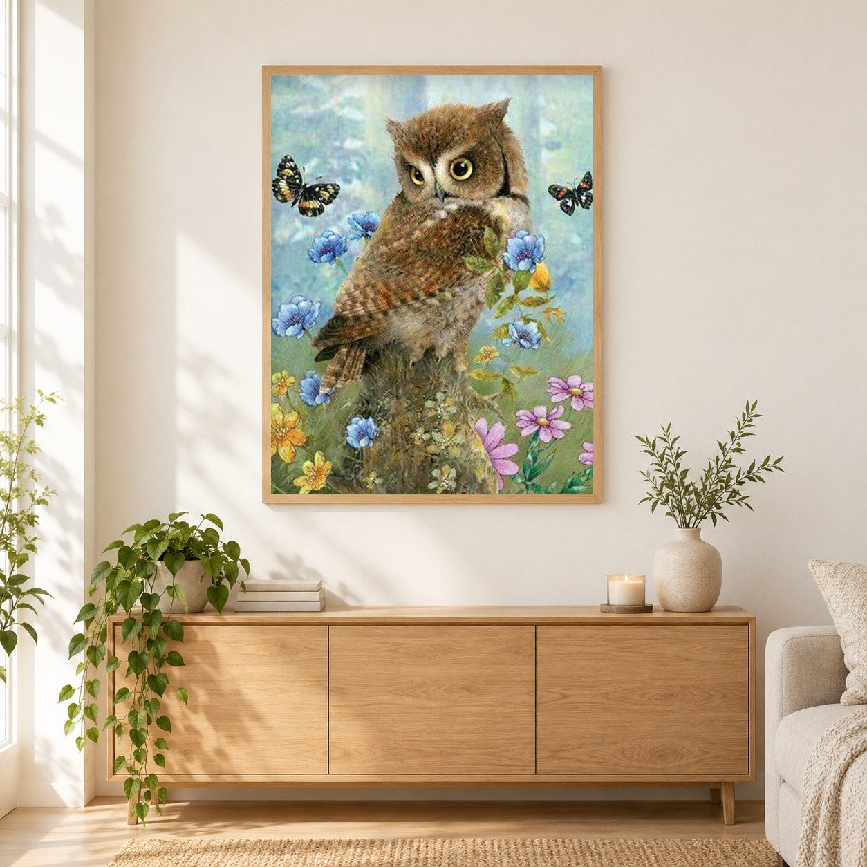 Eule & Schmetterlinge als gerahmtes Diamond Painting im Wohnzimmer