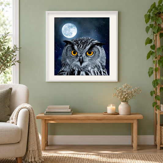 Eule & Vollmondnacht als gerahmtes Diamond Painting im Wohnzimmer