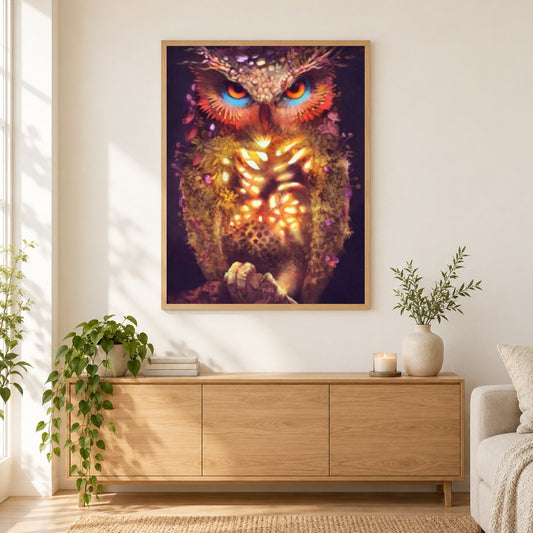 Eulenmagie als gerahmtes Diamond Painting im Wohnzimmer