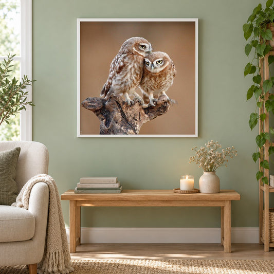 Eulenpaar DIY als gerahmtes Diamond Painting im Wohnzimmer