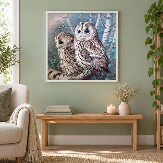 Eulenpaar als gerahmtes Diamond Painting im Wohnzimmer