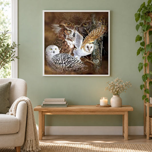 Eulenrassen als gerahmtes Diamond Painting im Wohnzimmer
