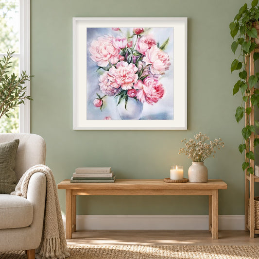 Europäische Pfingstrosenfarbe von Diamanten als gerahmtes Diamond Painting im Wohnzimmer