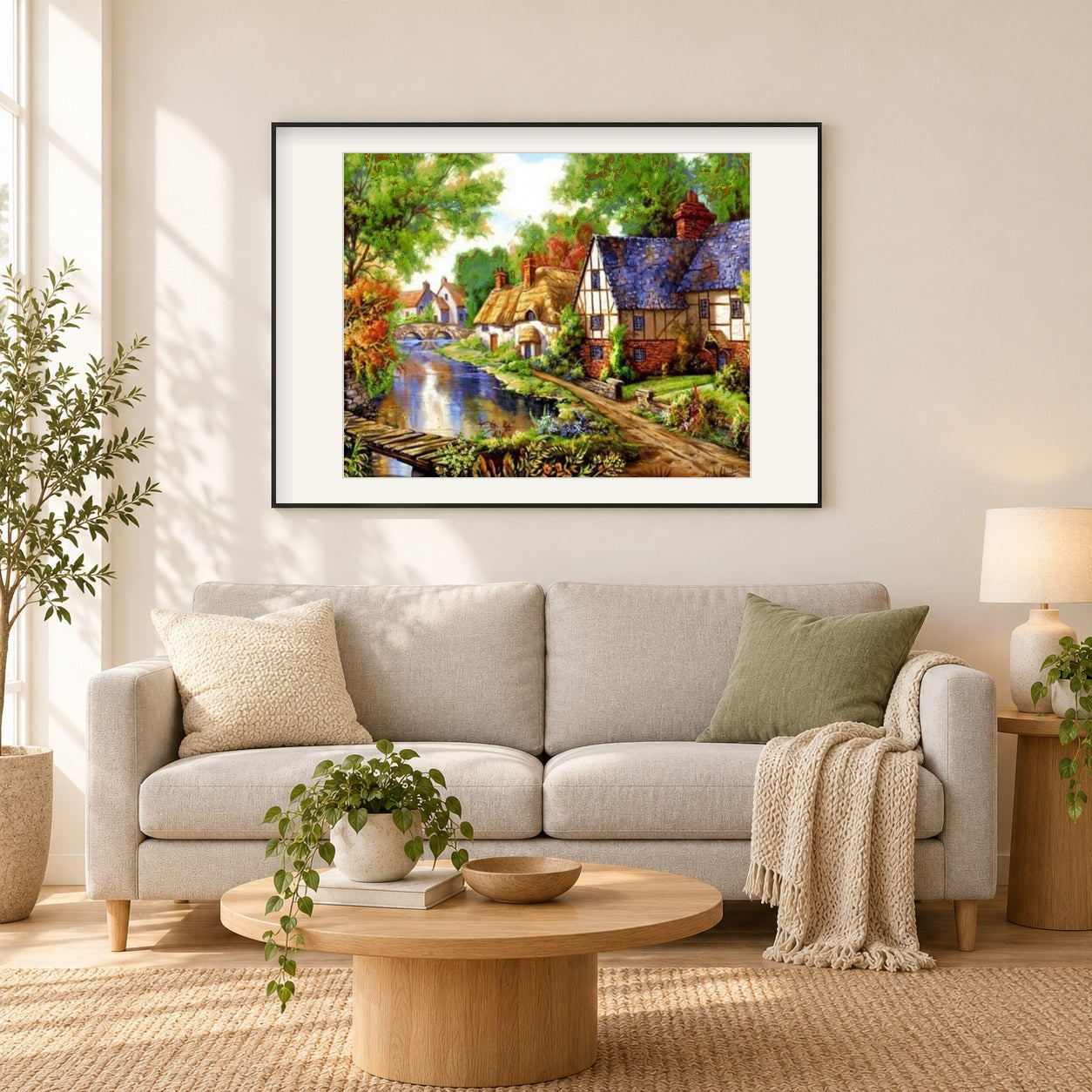 Europäisches Dorf malerei-Kit als gerahmtes Diamond Painting im Wohnzimmer