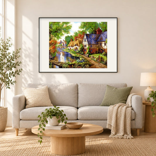 Europäisches Dorf malerei-Kit als gerahmtes Diamond Painting im Wohnzimmer