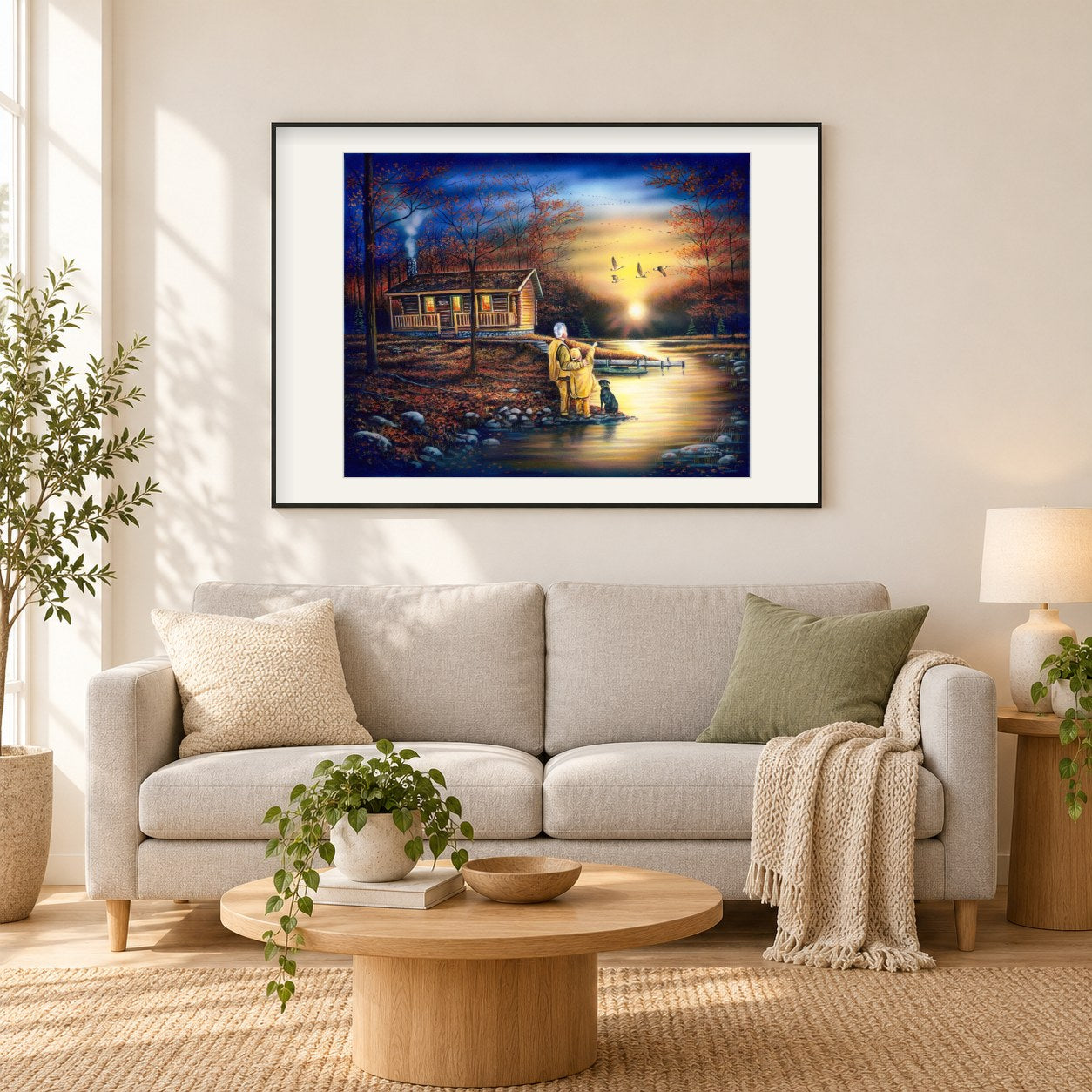 Abendliche Reflexionen  -Kunst des Robert Andrea als gerahmtes Diamond Painting im Wohnzimmer